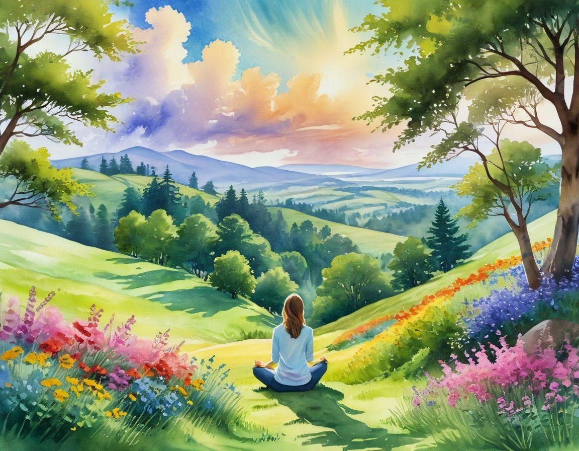 A serene landscape depicting a peaceful person sitting cross-legged on a lush green hill, surrounded by vibrant flowers and soft clouds, illustrating a sense of tranquility. Include gentle rays of sunlight breaking through the trees, symbolizing enlightenment and mindfulness. The scene should evoke feelings of contentment and joy, inviting viewers to embrace their own mindfulness journey. Watercolor painting style. vibrant colors. dreamy ambiance.