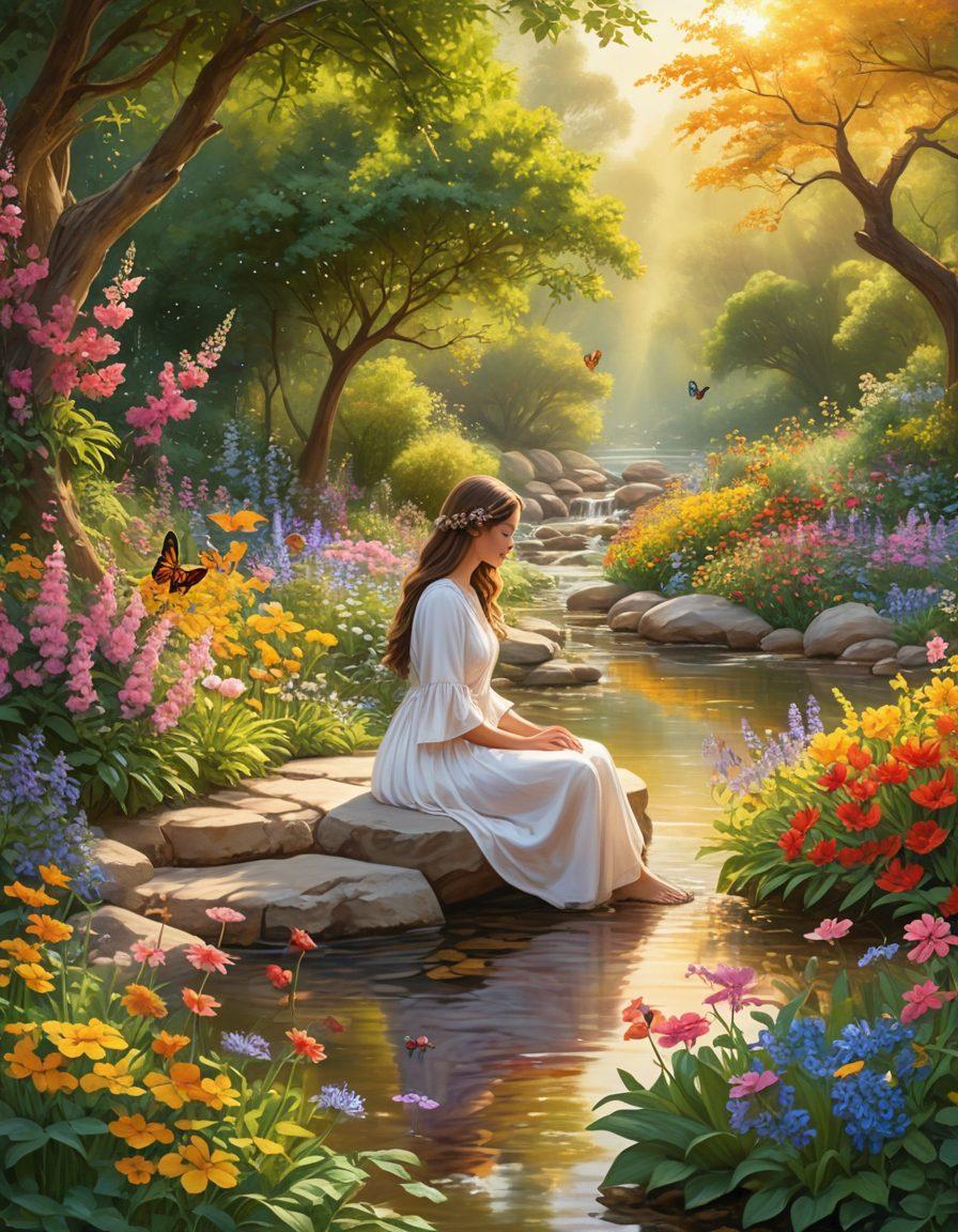An enchanting garden scene filled with colorful blooming flowers, butterflies fluttering around, and a serene figure practicing mindfulness amidst vibrant greenery. Soft sunlight filters through the leaves, casting a warm glow that enhances the feeling of joy and peace. Include elements like a gentle stream and cheerful birds creating a harmonious atmosphere. super-realistic. vibrant colors. dreamy background.