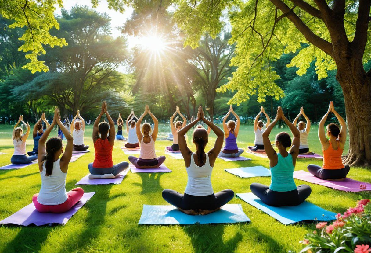 A warm, inviting scene depicting a diverse group of people engaged in joyful activities together, such as yoga, sharing laughter, and enjoying nature. The setting is a sunlit park with colorful flowers and trees in the background, symbolizing growth and positivity. Include elements like smiley faces, heart shapes, and rays of sunshine to convey happiness. The atmosphere should feel lively and uplifting, encouraging emotional wellness and community connection. vibrant colors. super-realistic.